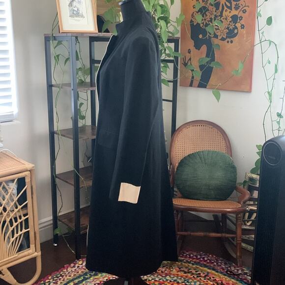 Vintage 80s/90s DKNY Black & Cream Cotton Mandarin Collar Coat - Picture 2 of 5